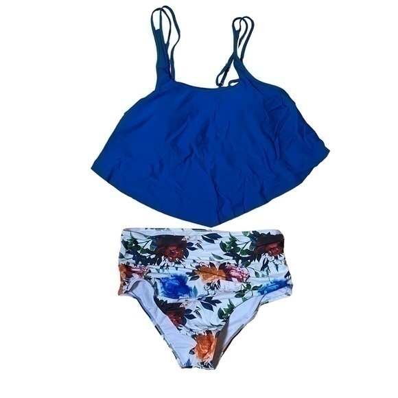 SouqFone Tummy Control Two Piece Swimsuit Blue with White Floral Bottom -Size L - Picture 1 of 5
